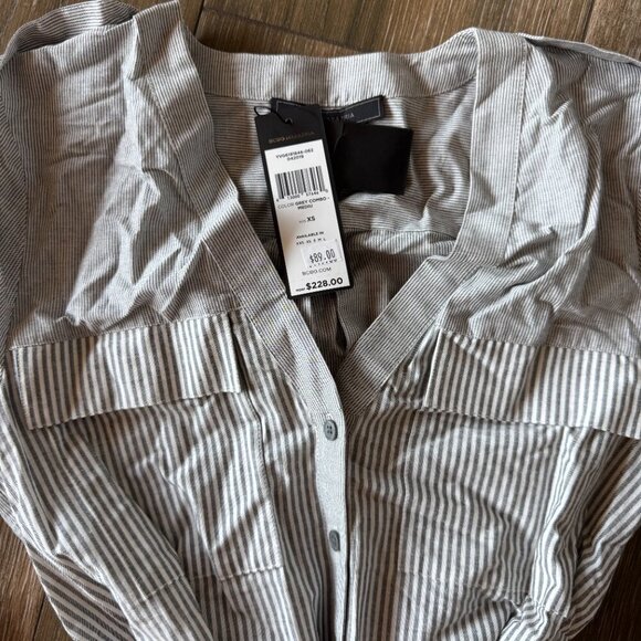 NWT BCBG grey combo pinstripe midi, curved hem dress size XS - Picture 5 of 13